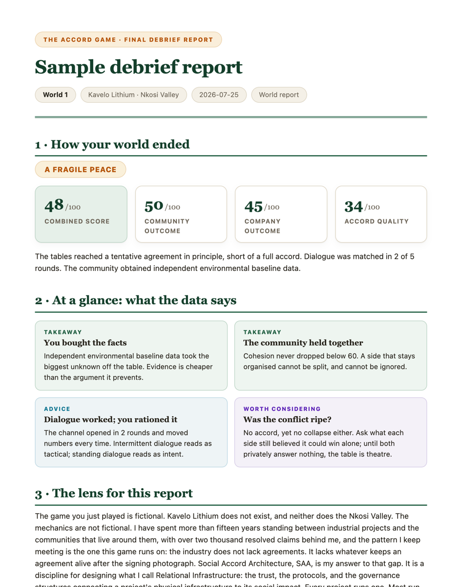 The first page of a debrief report: the ending, the four scores out of 100, and the at-a-glance findings